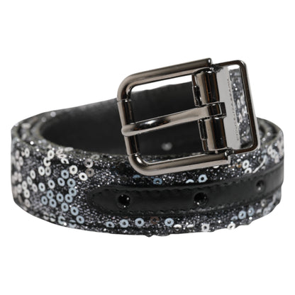 Dolce &amp;amp; Gabbana Svart Paljetter Silver Metallbälte med Logotypspänne