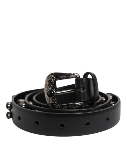 Dolce &amp; Gabbana Black Studded Leather Metal Logo Buckle Belt