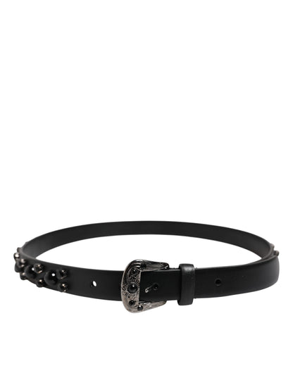 Dolce &amp; Gabbana Black Studded Leather Metal Logo Buckle Belt