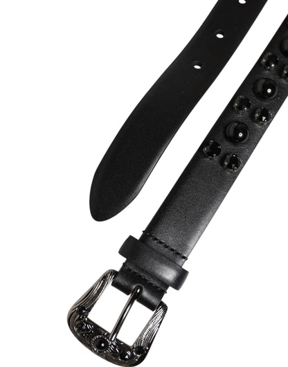 Dolce &amp; Gabbana Black Studded Leather Metal Logo Buckle Belt