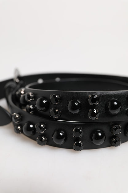 Dolce &amp; Gabbana Black Studded Leather Metal Logo Buckle Belt
