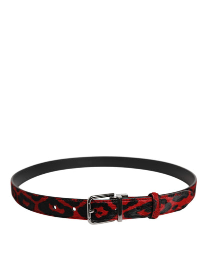 Dolce &amp; Gabbana Black Red Leopard Silver Metal Buckle Belt