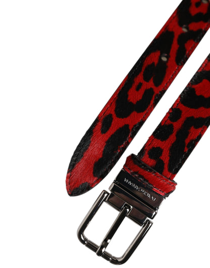 Dolce &amp; Gabbana Black Red Leopard Silver Metal Buckle Belt