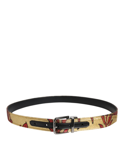 Dolce &amp; Gabbana Gold Floral Jacquard Silver Metal Buckle Belt
