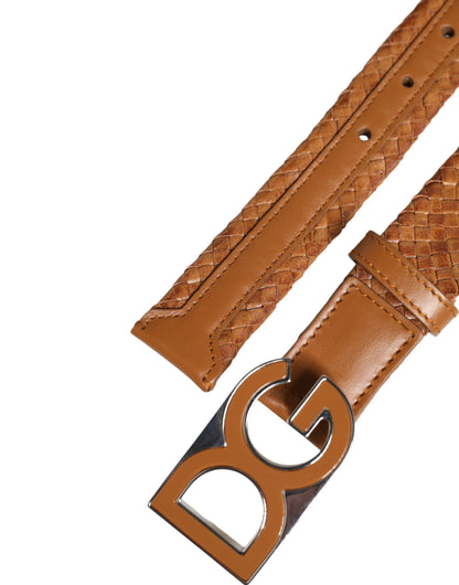 Dolce &amp; Gabbana Brown Braided Metal DG Logo Buckle Belt
