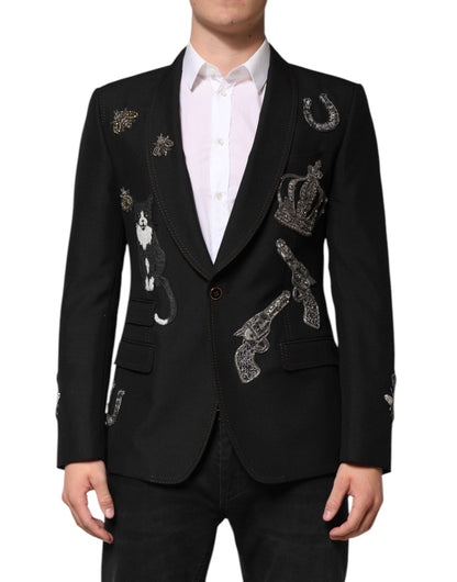 Dolce &amp; Gabbana Black Bee Crown Embellished Suit Coat Blazer