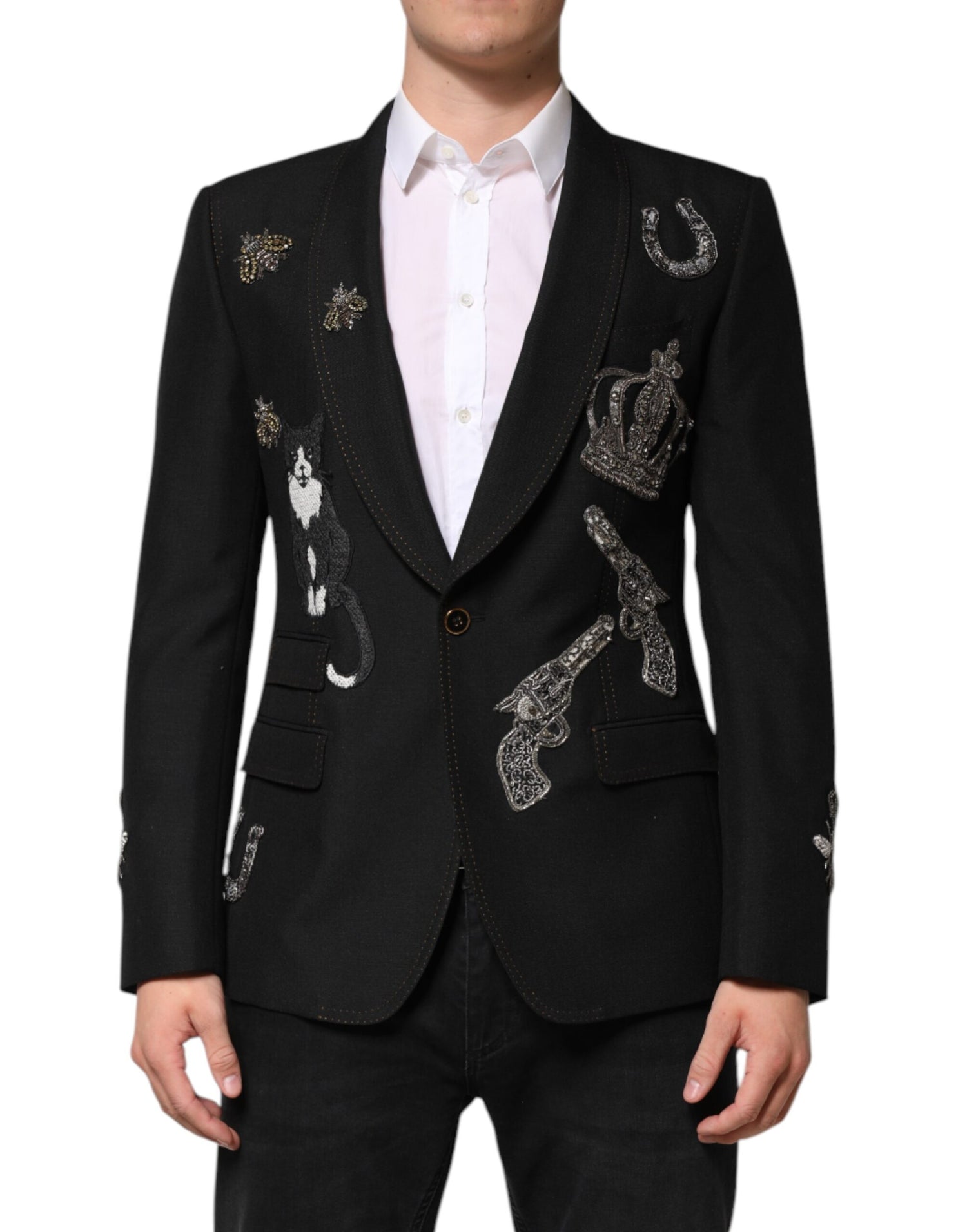 Dolce &amp; Gabbana Black Bee Crown Embellished Suit Coat Blazer