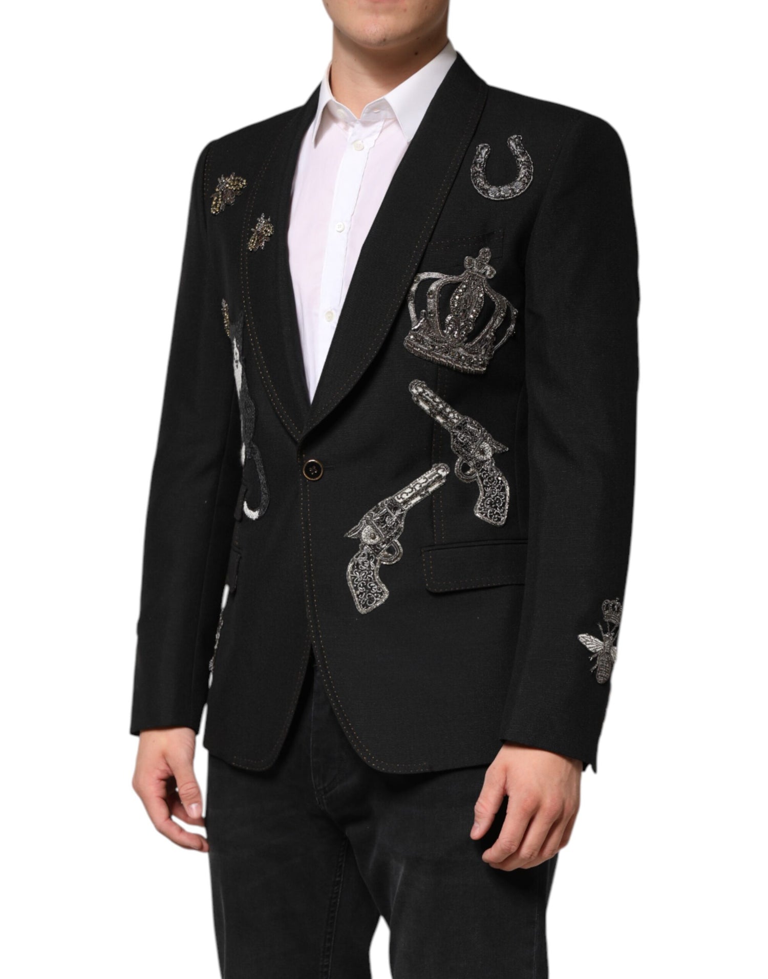 Dolce &amp; Gabbana Black Bee Crown Embellished Suit Coat Blazer
