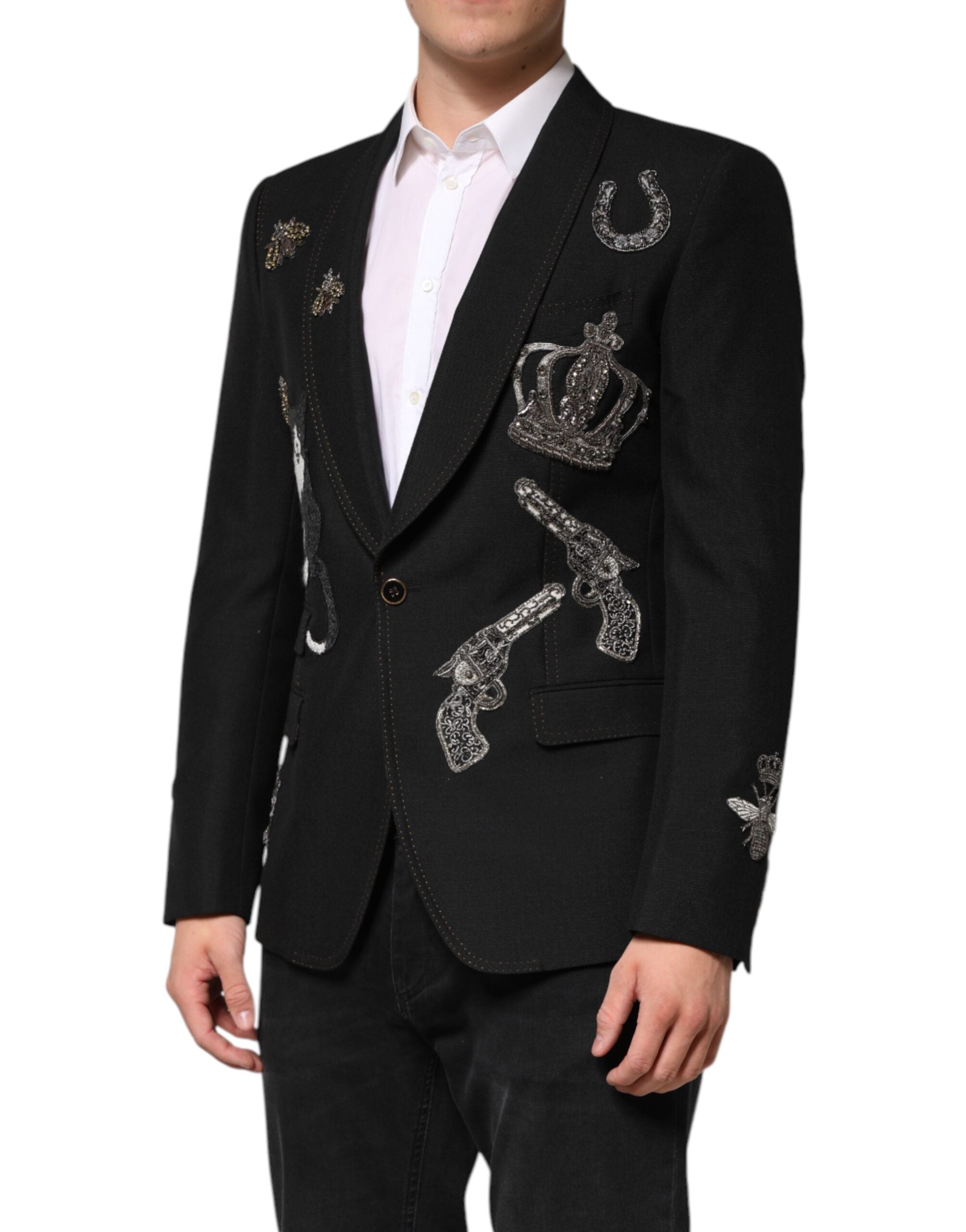 Dolce &amp; Gabbana Black Bee Crown Embellished Suit Coat Blazer