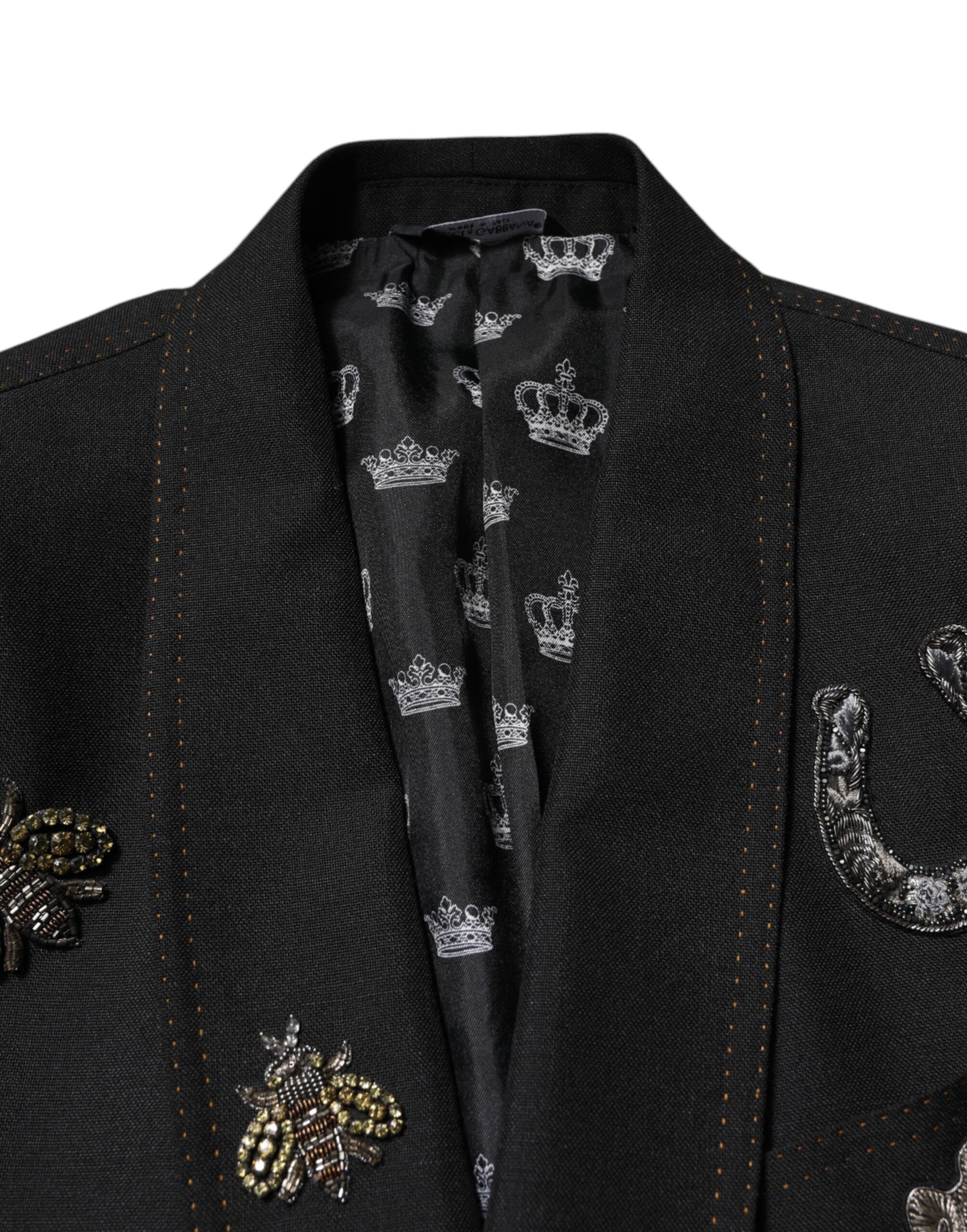 Dolce &amp; Gabbana Black Bee Crown Embellished Suit Coat Blazer