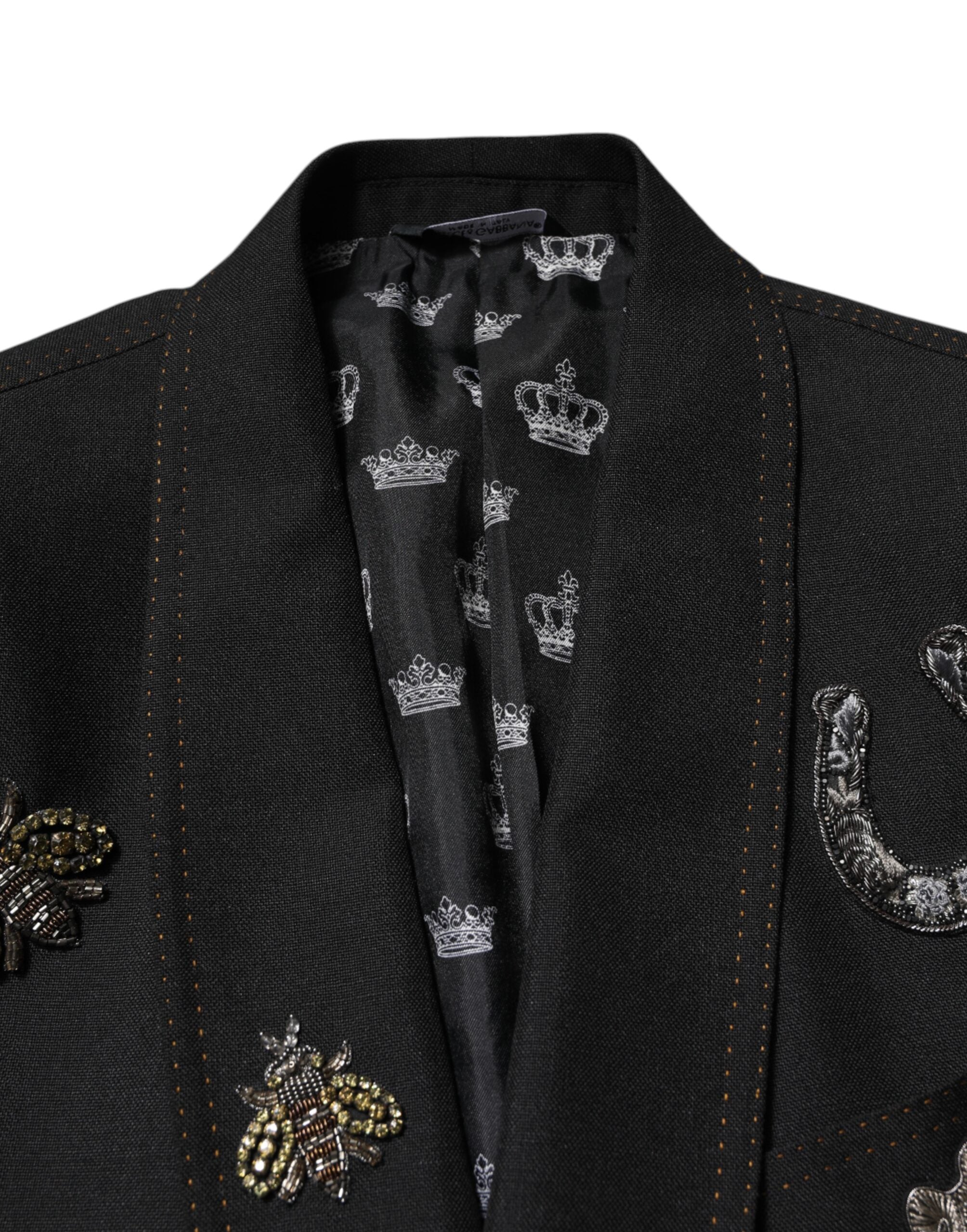 Dolce &amp; Gabbana Black Bee Crown Embellished Suit Coat Blazer