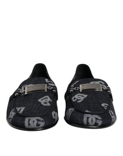 Dolce &amp; Gabbana Blue Logo Cotton Loafers Formal Dress Shoes