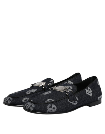 Dolce &amp; Gabbana Blue Logo Cotton Loafers Formal Dress Shoes