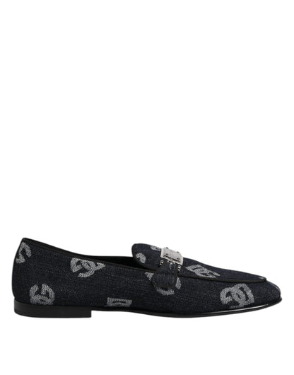 Dolce &amp; Gabbana Blue Logo Cotton Loafers Formal Dress Shoes