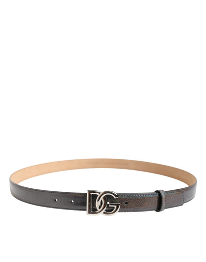 Dolce &amp; Gabbana Metallic Leather Silver Tone Logo Buckle Belt