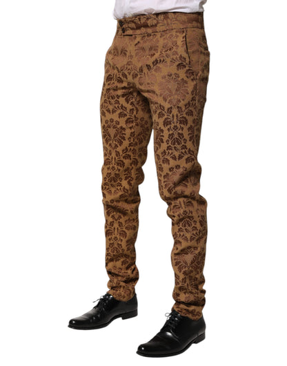 Dolce &amp; Gabbana Brown Floral Jacquard Men Skinny Trouser Pants