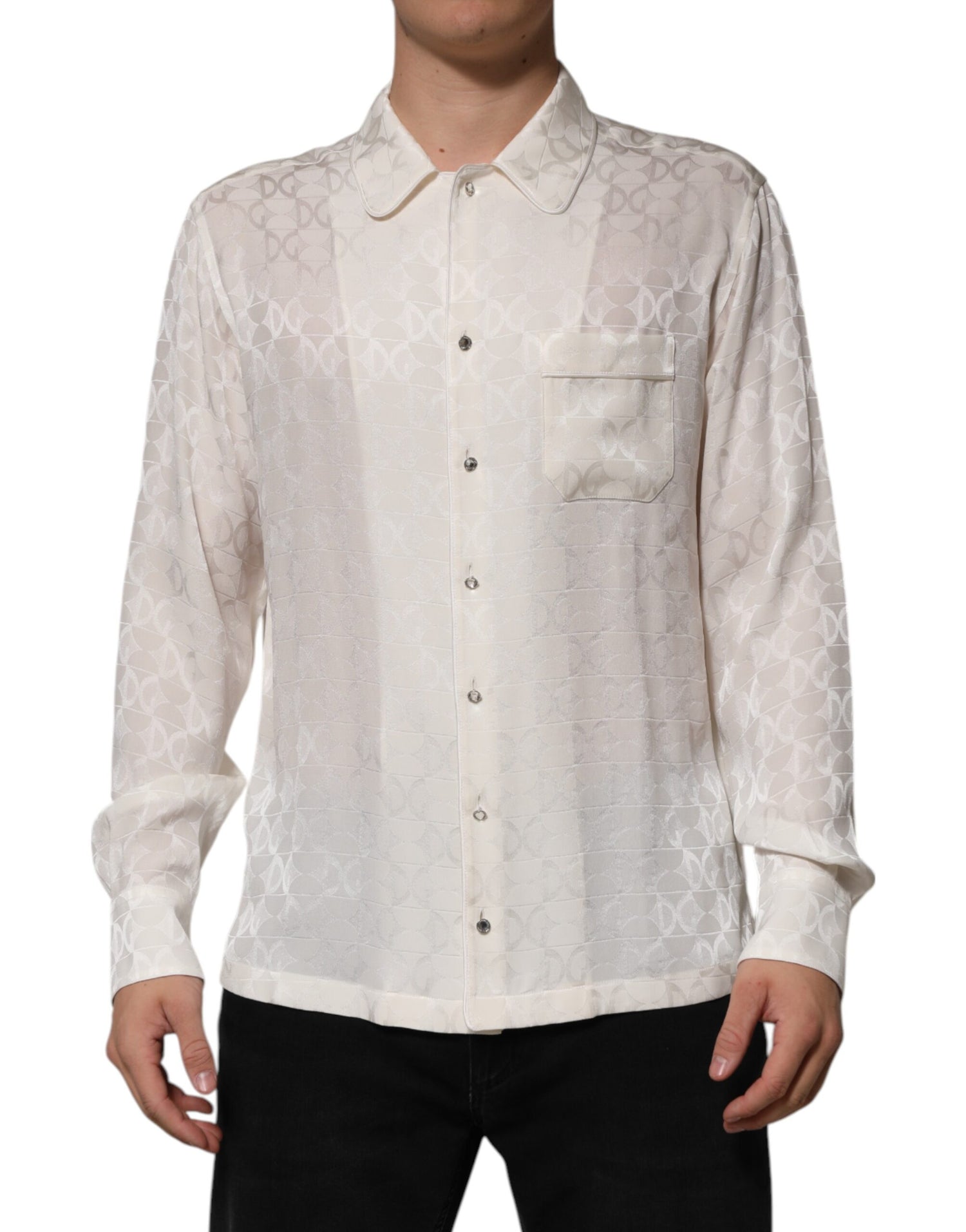 Dolce &amp; Gabbana White Silk DG Logo Print Long Sleeves Shirt