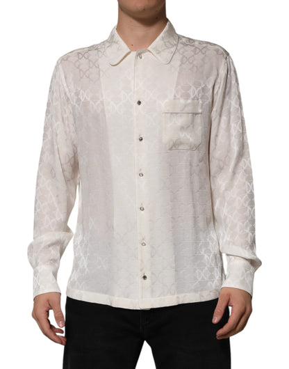 Dolce &amp; Gabbana White Silk DG Logo Print Long Sleeves Shirt