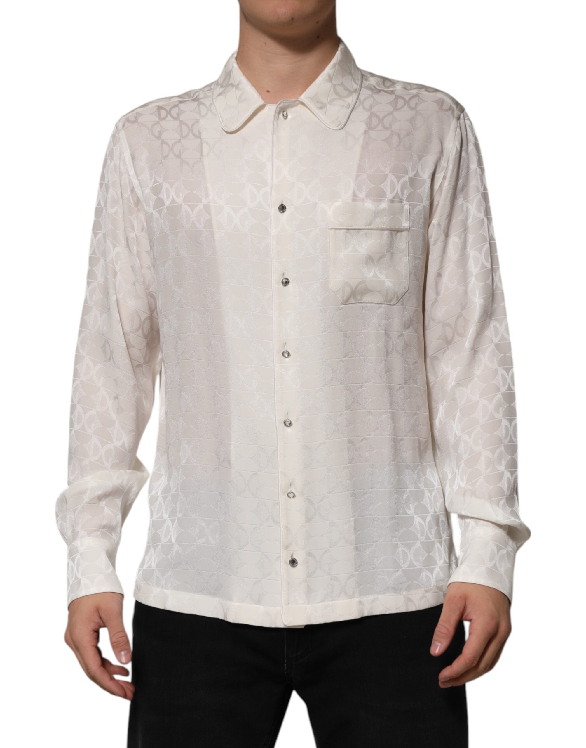 Dolce &amp; Gabbana White Silk DG Logo Print Long Sleeves Shirt