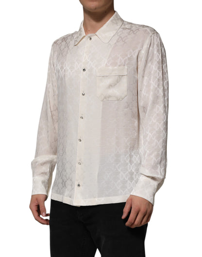 Dolce &amp; Gabbana White Silk DG Logo Print Long Sleeves Shirt