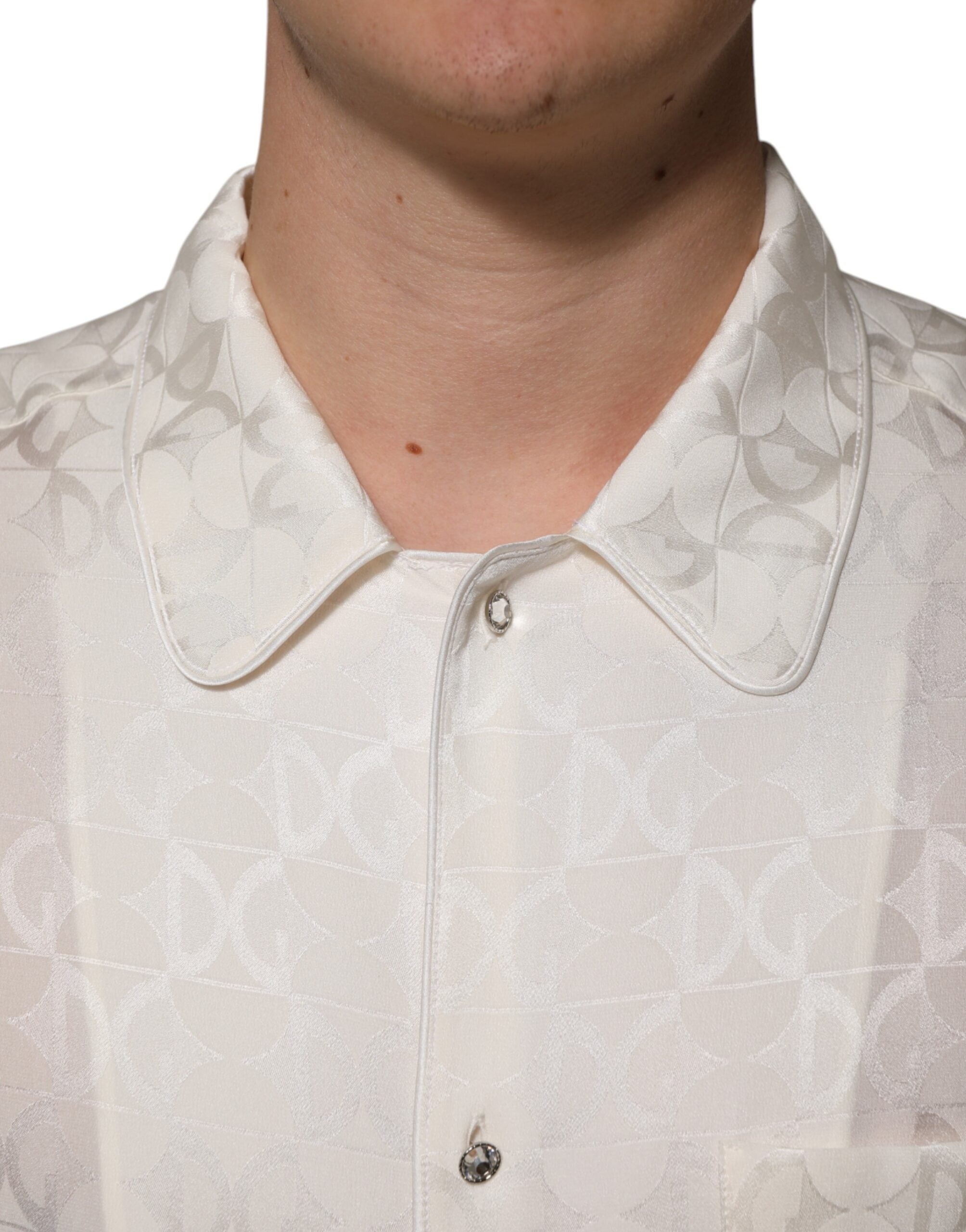 Dolce &amp; Gabbana White Silk DG Logo Print Long Sleeves Shirt