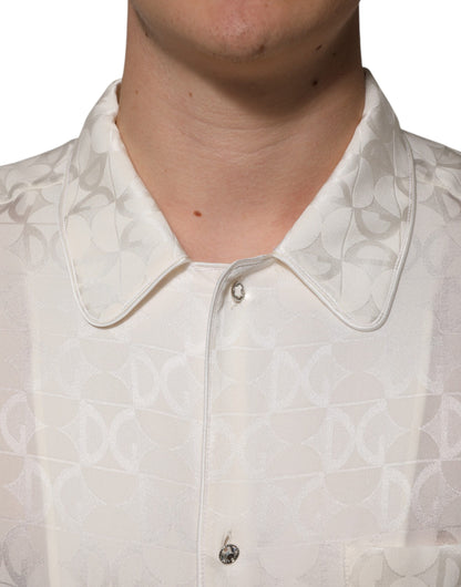 Dolce &amp; Gabbana White Silk DG Logo Print Long Sleeves Shirt