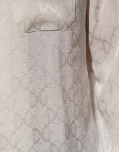 Dolce &amp; Gabbana White Silk DG Logo Print Long Sleeves Shirt