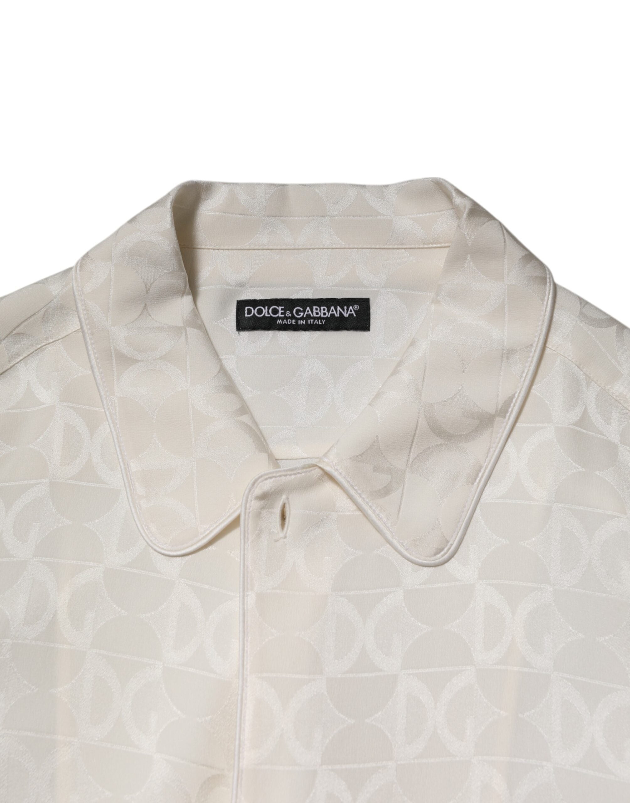 Dolce &amp; Gabbana White Silk DG Logo Print Long Sleeves Shirt