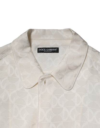 Dolce &amp; Gabbana White Silk DG Logo Print Long Sleeves Shirt