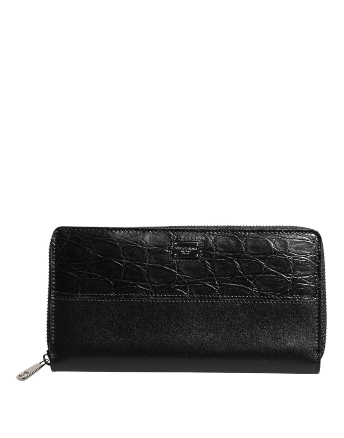 Dolce &amp; Gabbana Black Leather Logo Plaque Zip Around Continental Wallet