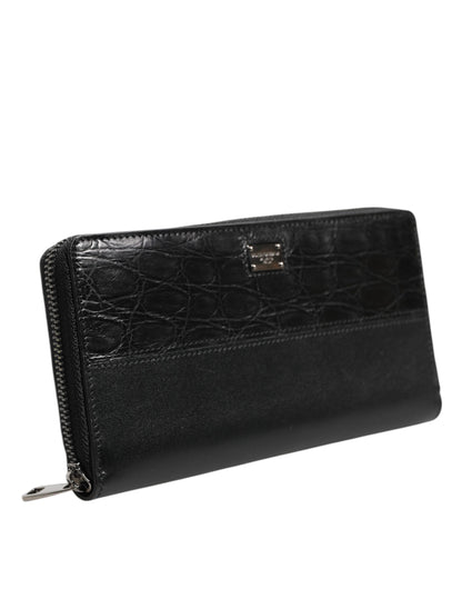 Dolce &amp; Gabbana Black Leather Logo Plaque Zip Around Continental Wallet