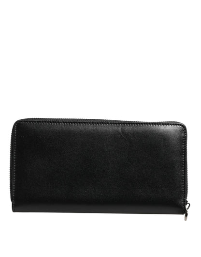 Dolce &amp; Gabbana Black Leather Logo Plaque Zip Around Continental Wallet