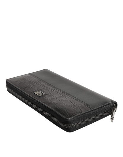 Dolce &amp; Gabbana Black Leather Logo Plaque Zip Around Continental Wallet