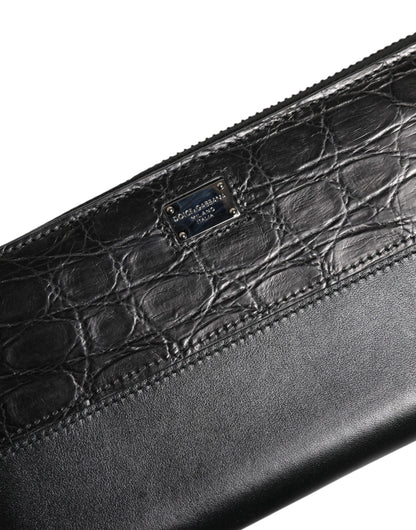 Dolce &amp; Gabbana Black Leather Logo Plaque Zip Around Continental Wallet