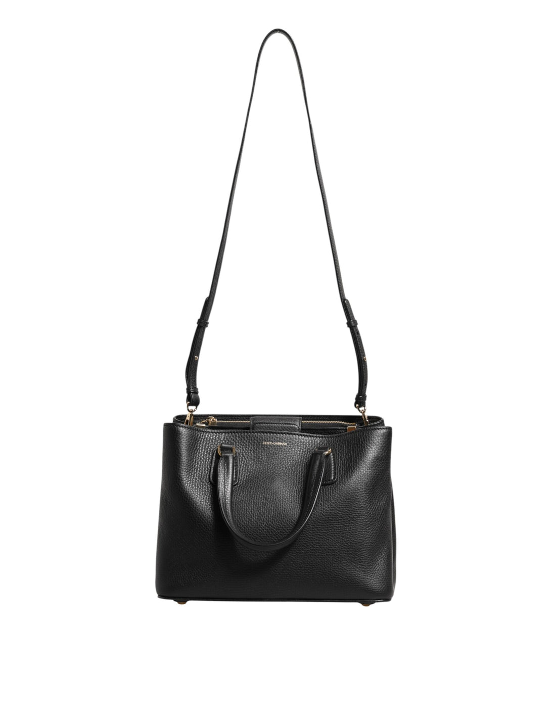 Dolce &amp; Gabbana Black Calf Leather Logo Plaque Shoulder Tote Bag