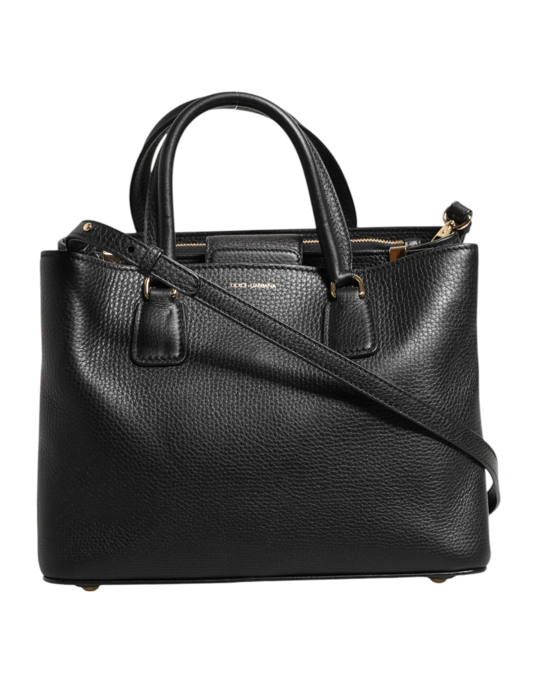 Dolce &amp; Gabbana Black Calf Leather Logo Plaque Shoulder Tote Bag