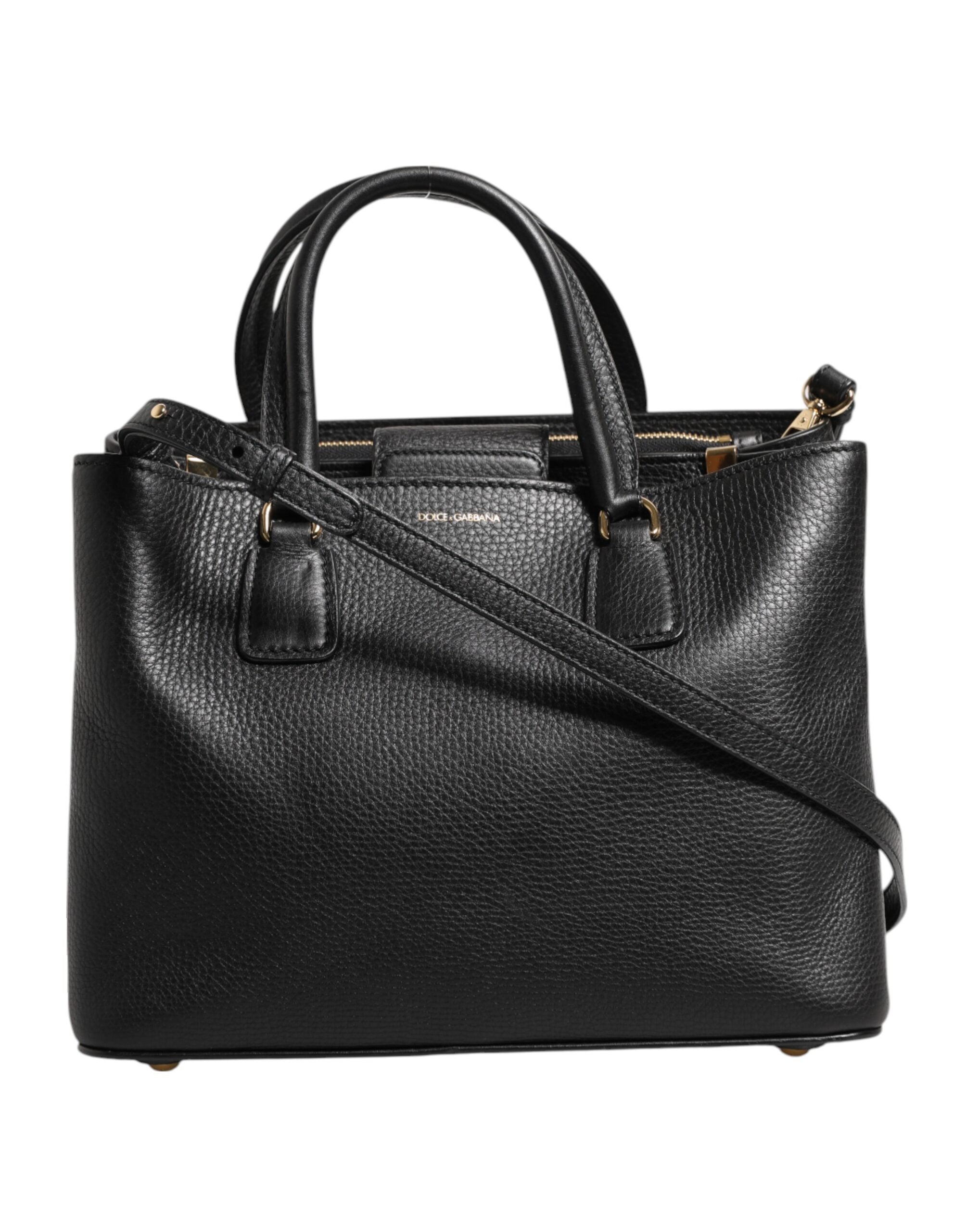 Dolce &amp; Gabbana Black Calf Leather Logo Plaque Shoulder Tote Bag