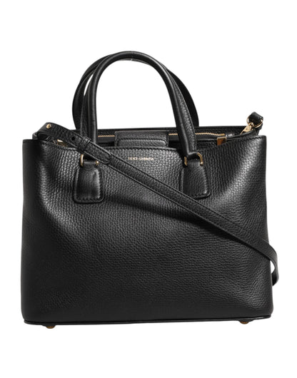 Dolce &amp; Gabbana Black Calf Leather Logo Plaque Shoulder Tote Bag
