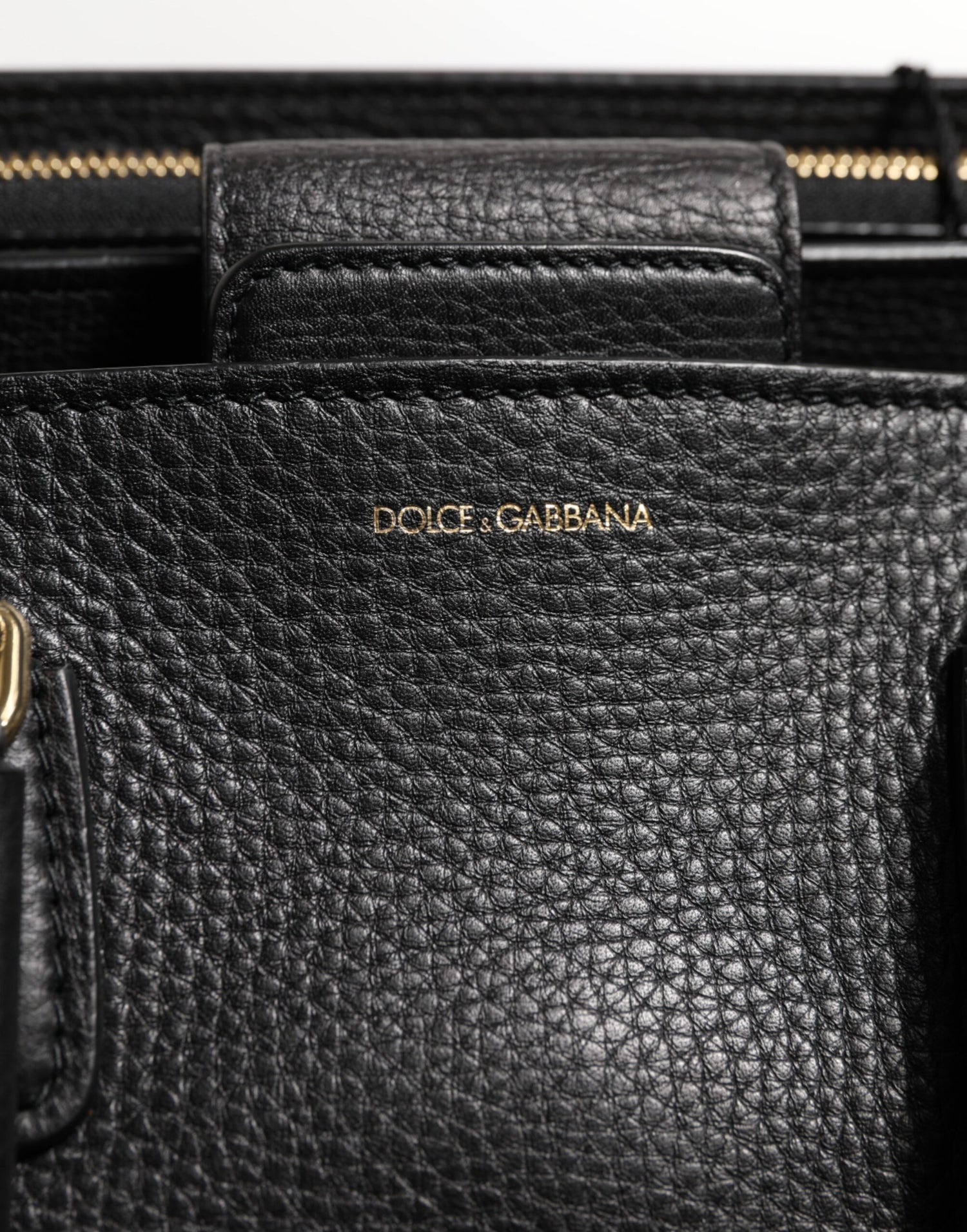 Dolce &amp; Gabbana Black Calf Leather Logo Plaque Shoulder Tote Bag