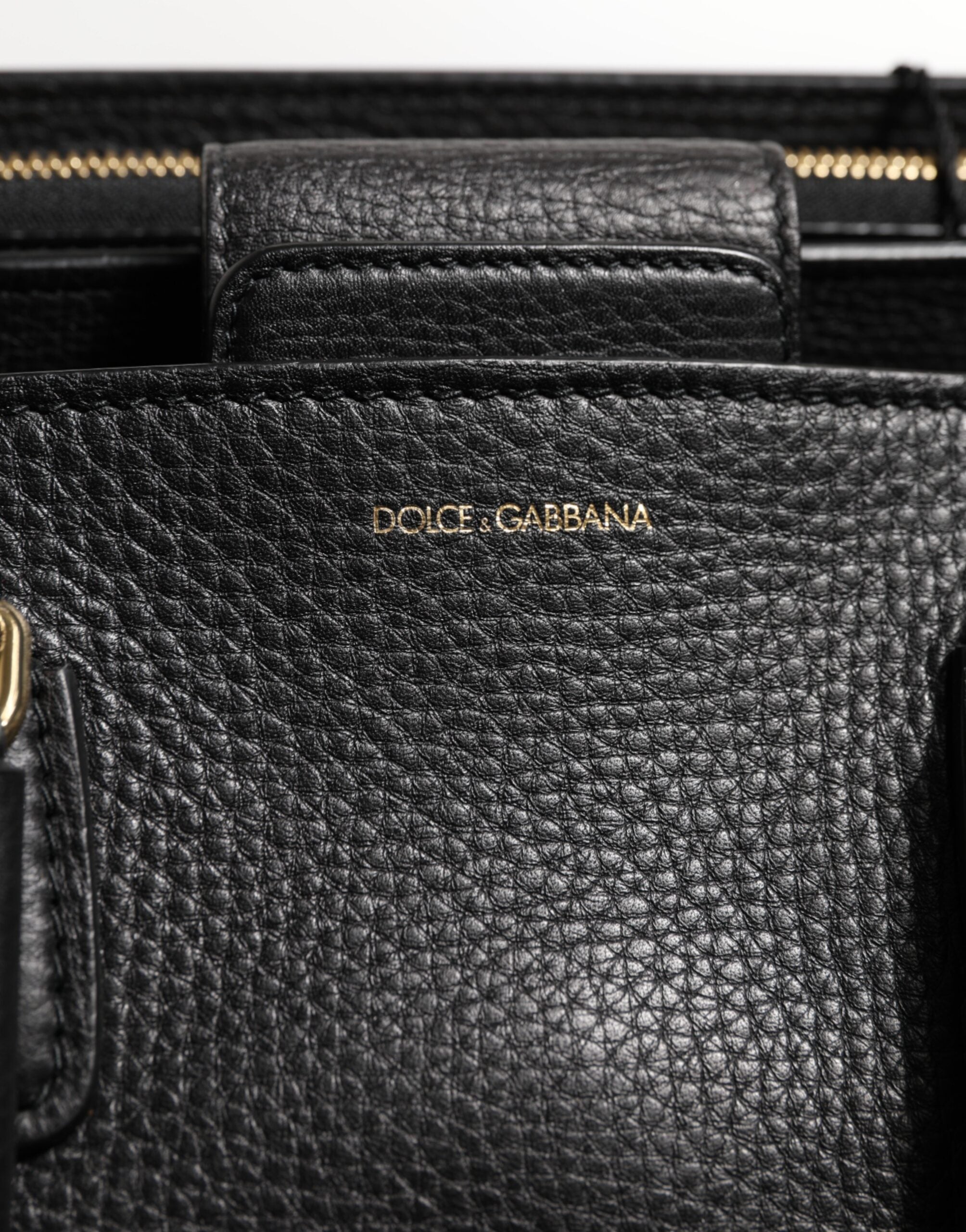 Dolce &amp; Gabbana Black Calf Leather Logo Plaque Shoulder Tote Bag
