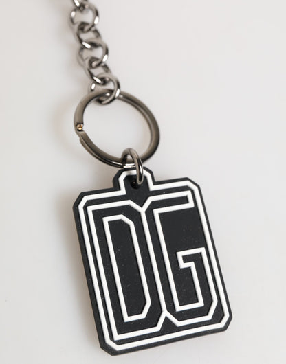 Dolce &amp;amp; Gabbana Svartvit DG Gummilogotyp Silver Herrnyckelring Nyckelring