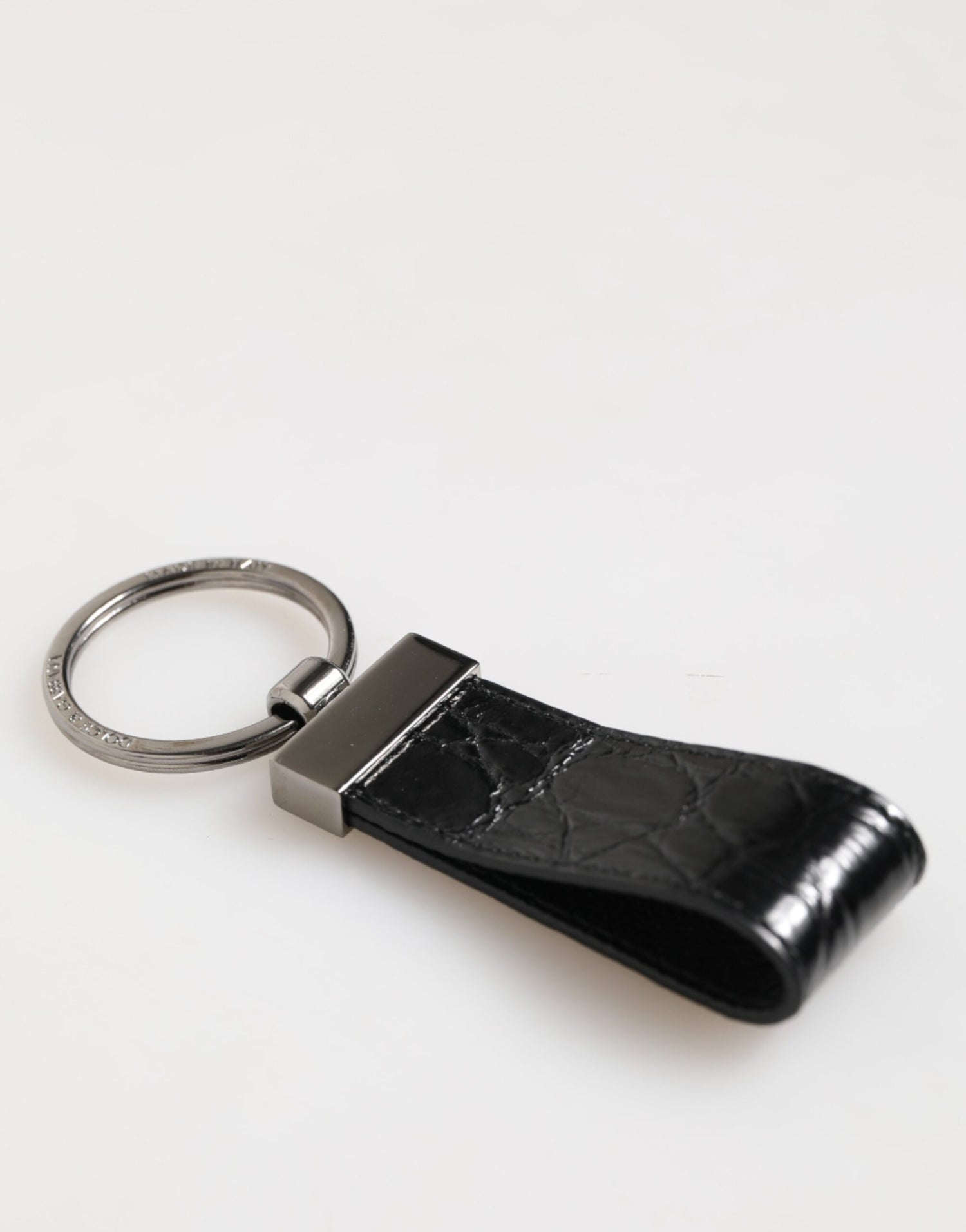 Dolce &amp; Gabbana Black Leather Logo Metal Ring Keychain Holder Men Keyring