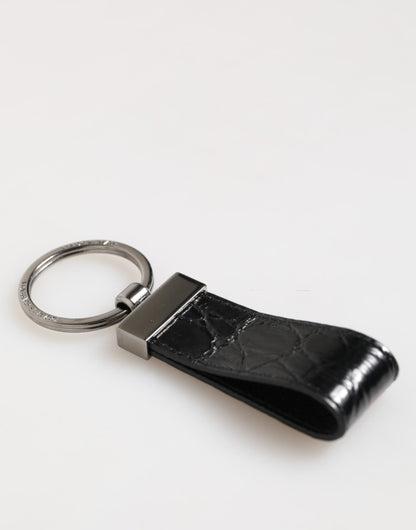 Dolce &amp; Gabbana Black Leather Logo Metal Ring Keychain Holder Men Keyring