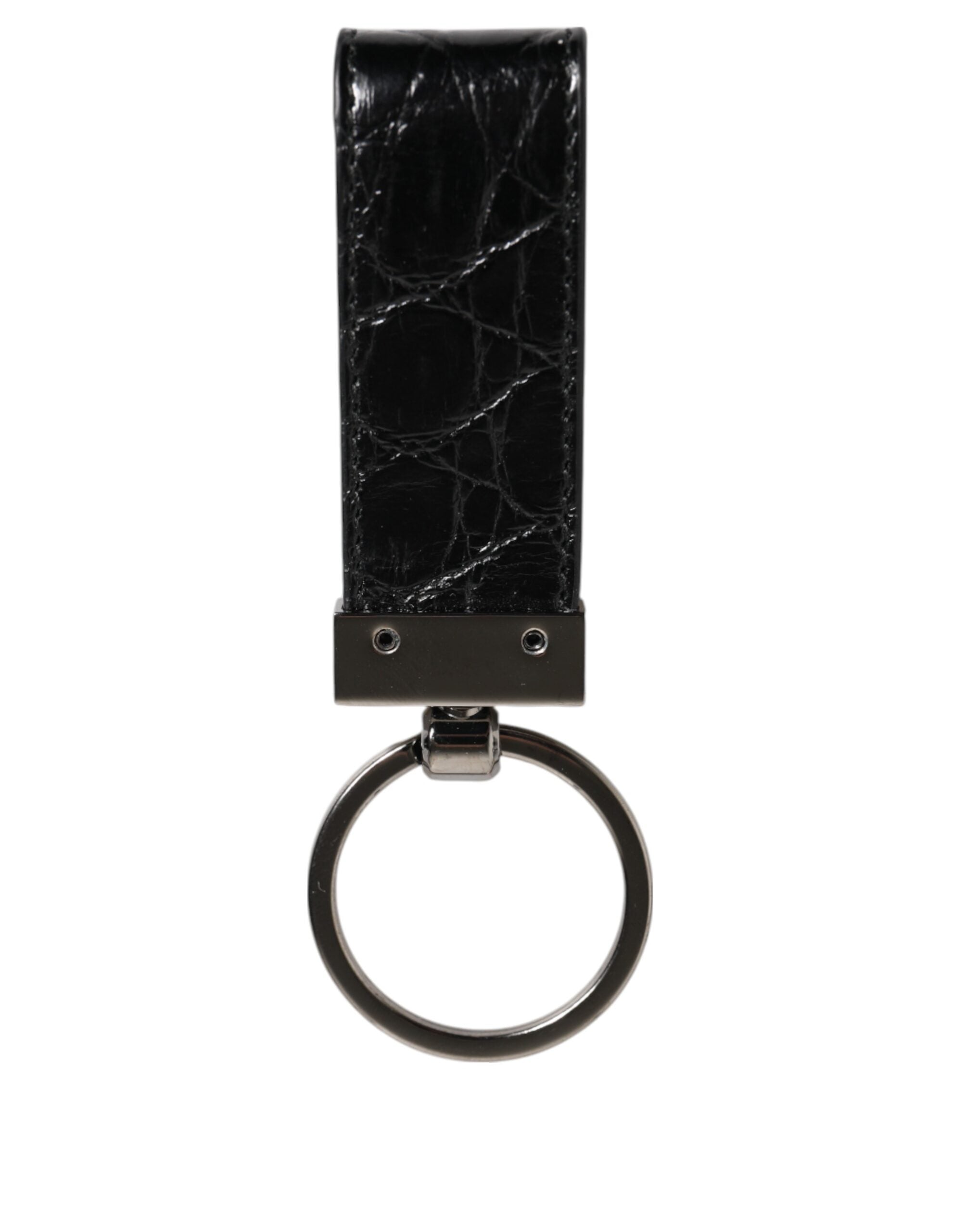 Dolce &amp; Gabbana Black Leather Logo Metal Ring Keychain Holder Men Keyring