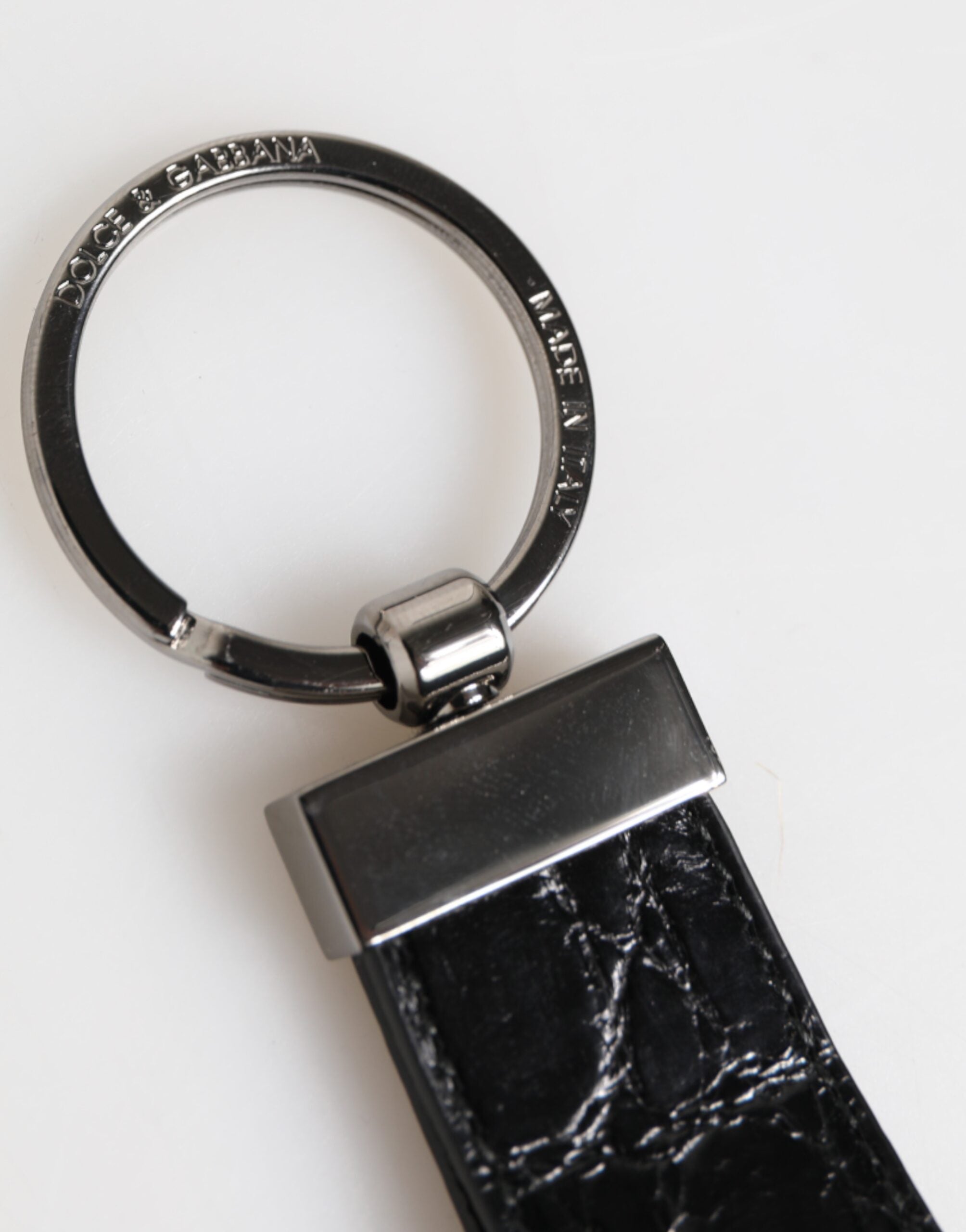 Dolce &amp; Gabbana Black Leather Logo Metal Ring Keychain Holder Men Keyring