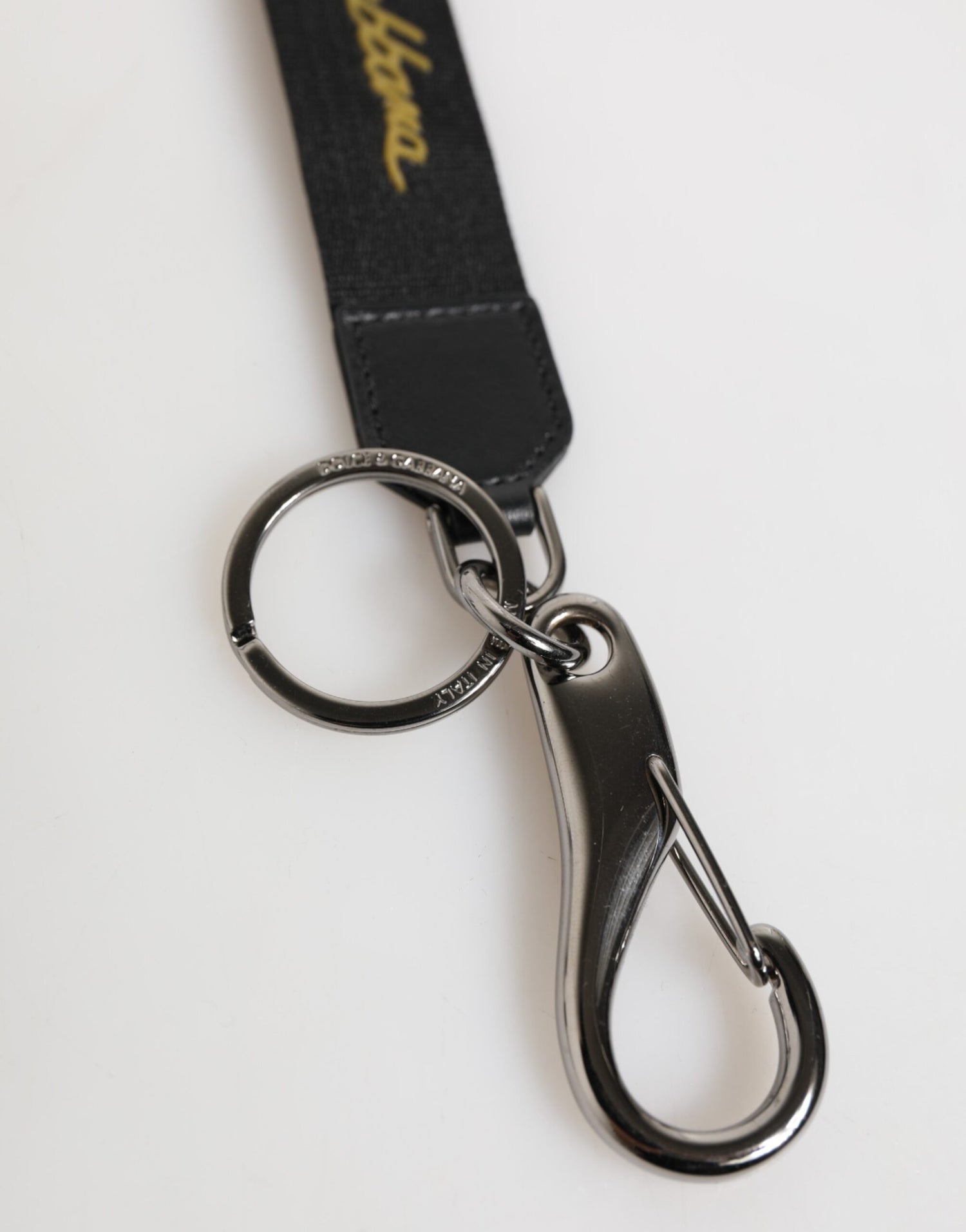 Dolce &amp; Gabbana Black Yellow Polyester DG Logo Silver Keychain Keyring
