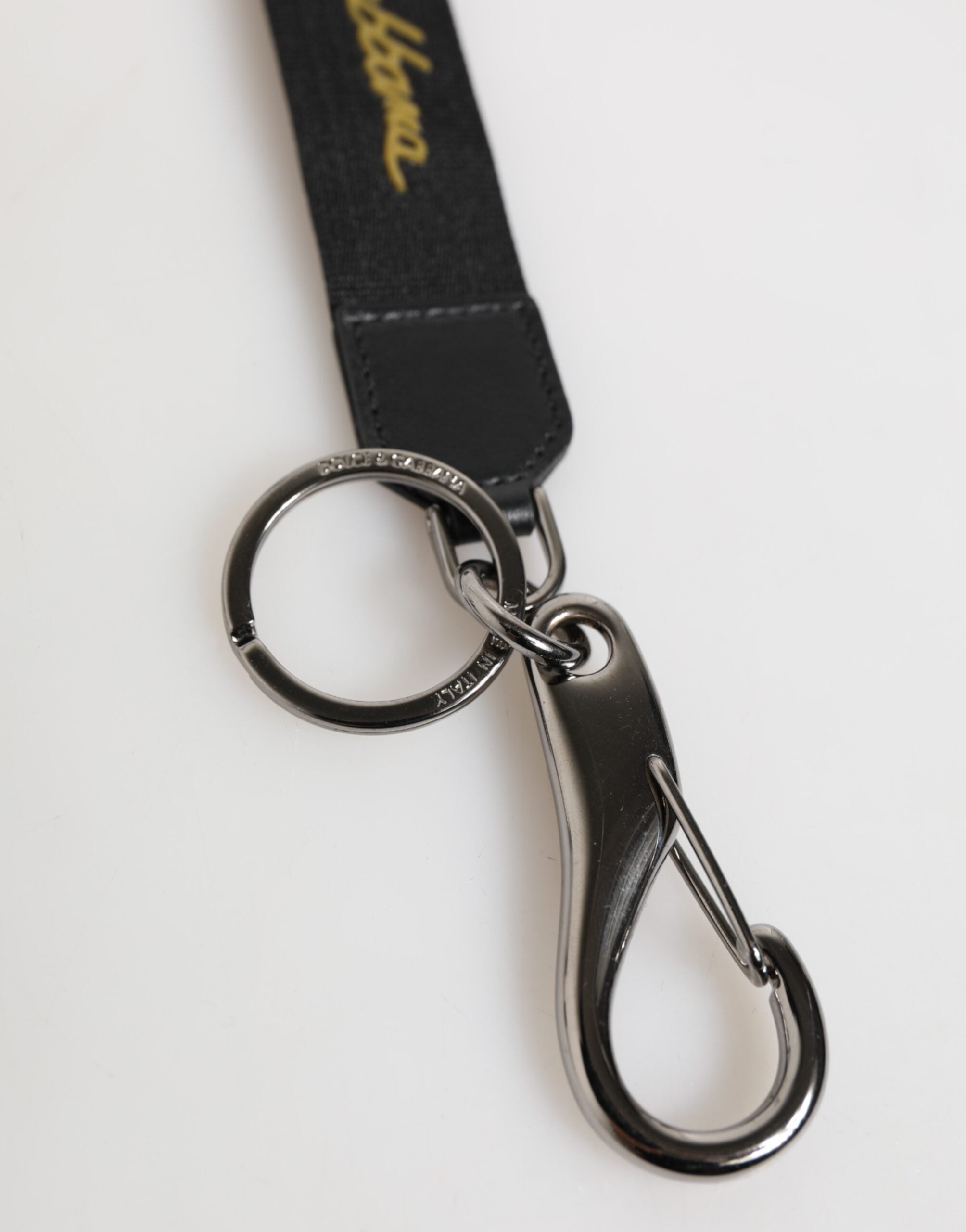 Dolce &amp; Gabbana Black Yellow Polyester DG Logo Silver Keychain Keyring