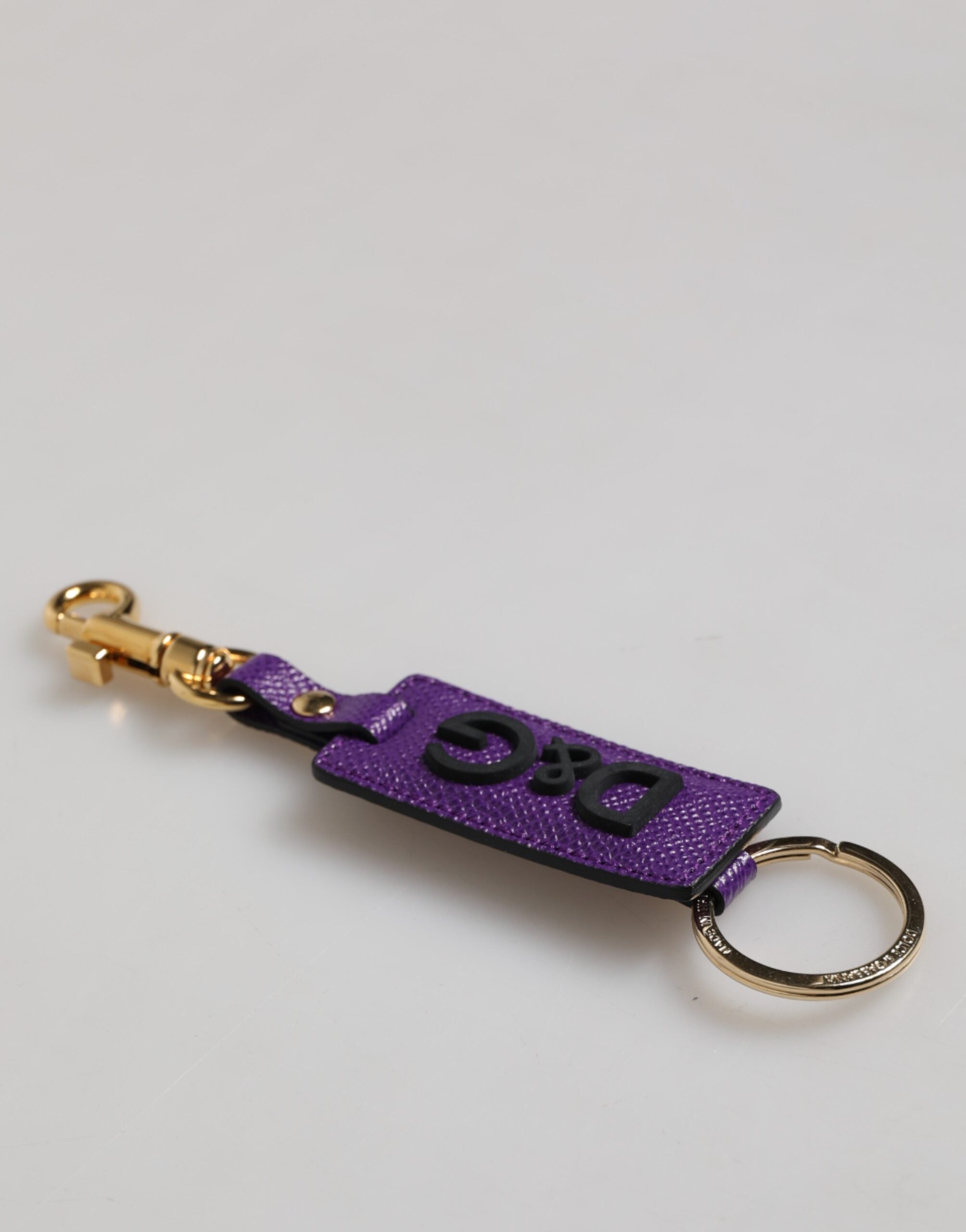 Dolce &amp; Gabbana Purple DG Logo Leather Gold Tone Metal Keyring Keychain