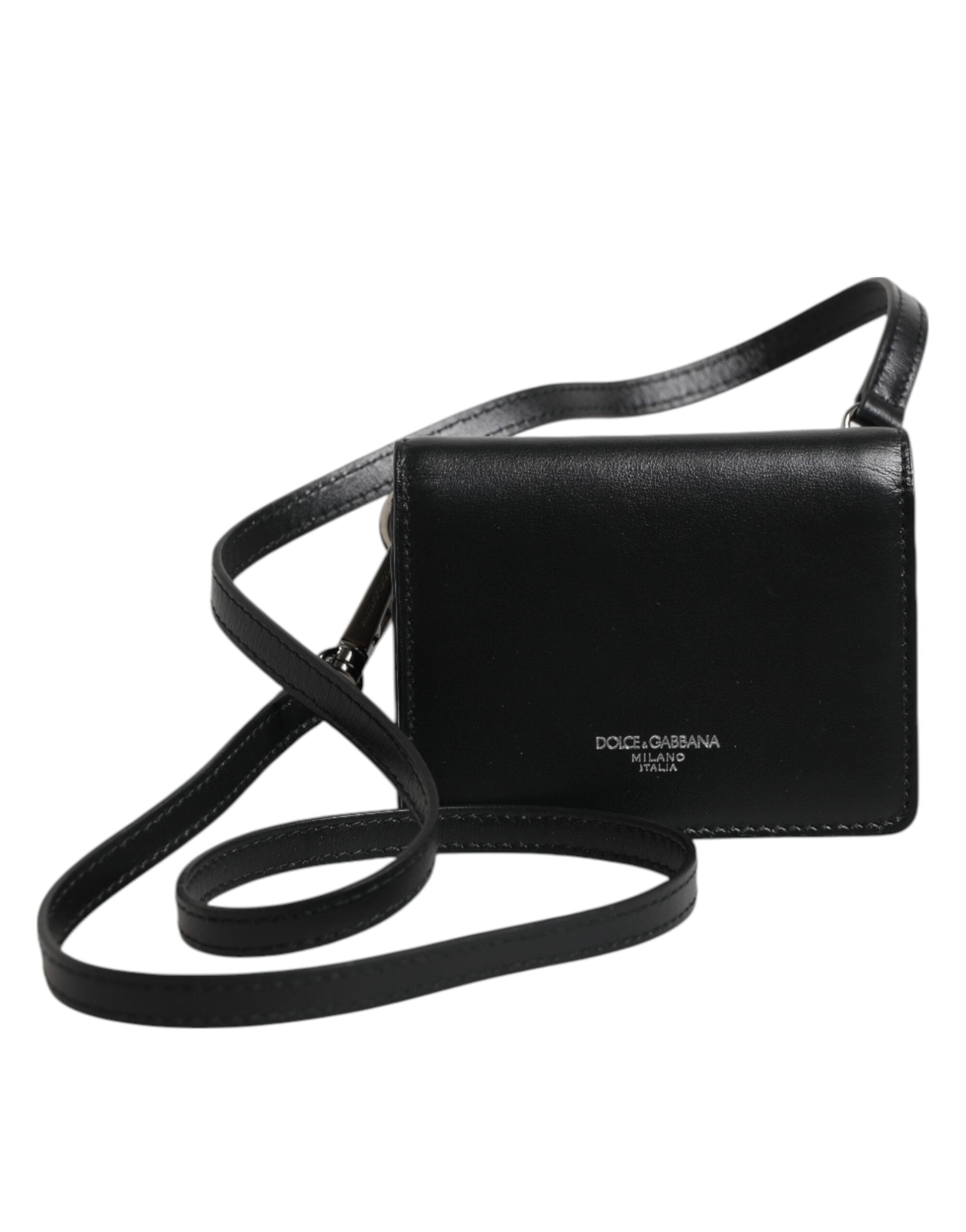Dolce &amp; Gabbana Black Leather Bifold Card Holder Crossbody Men Borse Bag