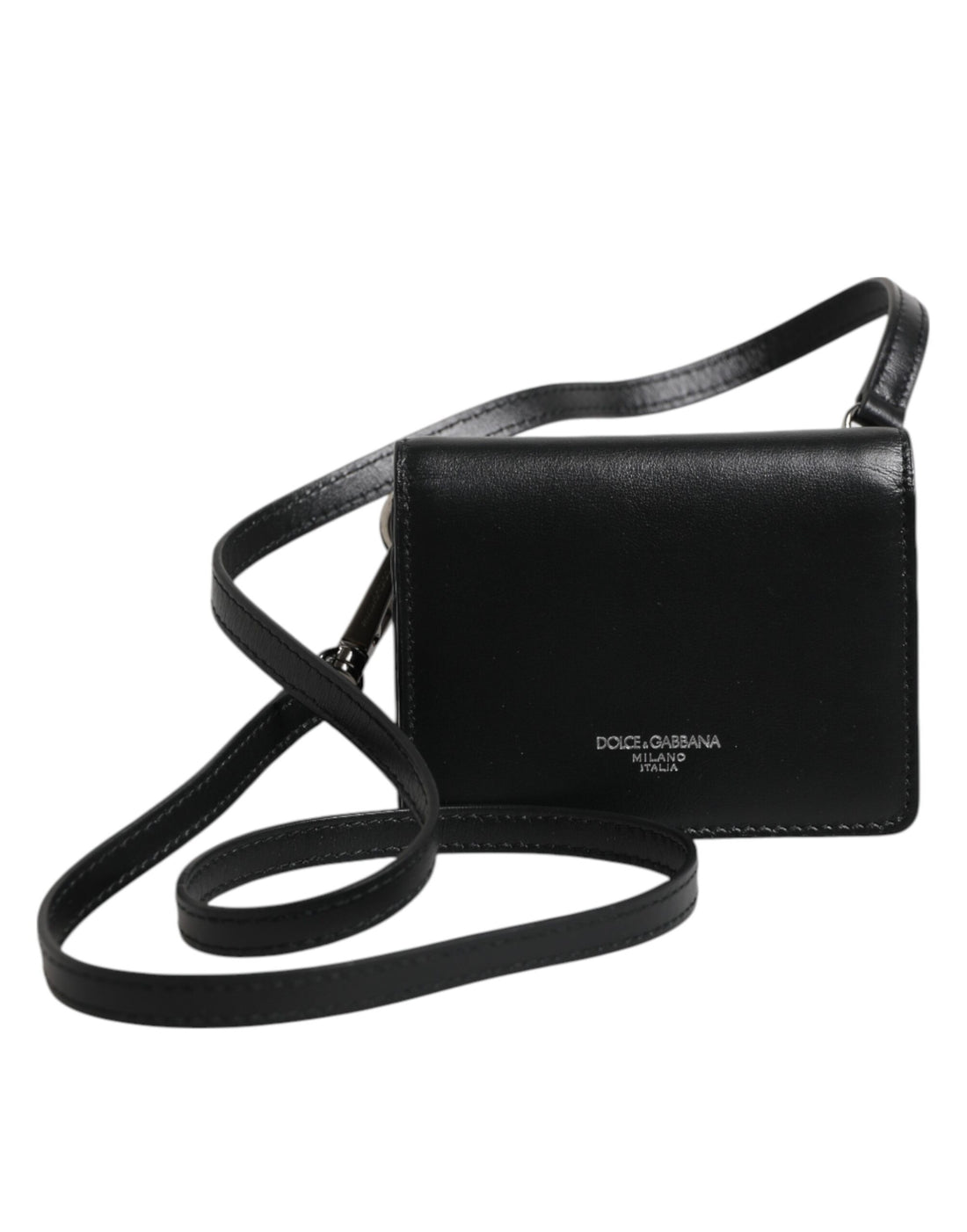 Dolce &amp; Gabbana Black Leather Bifold Card Holder Crossbody Men Borse Bag
